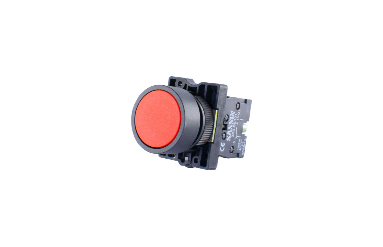 Botão de pressão vermelho em plástico com retorno 22mm 1NC Sassin 3SA5-BA42