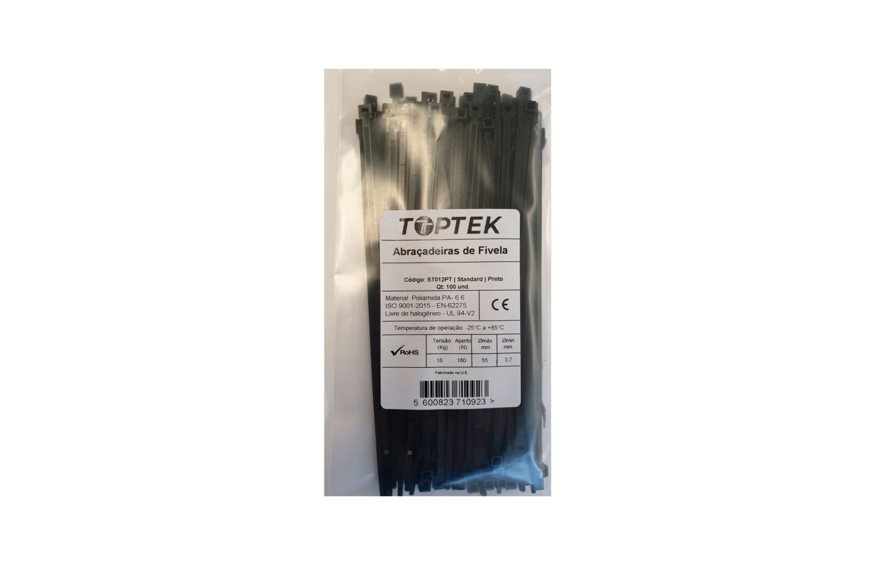 Abraçadeira de serrilha 370x4,8 mm preto com proteção UV - Toptek